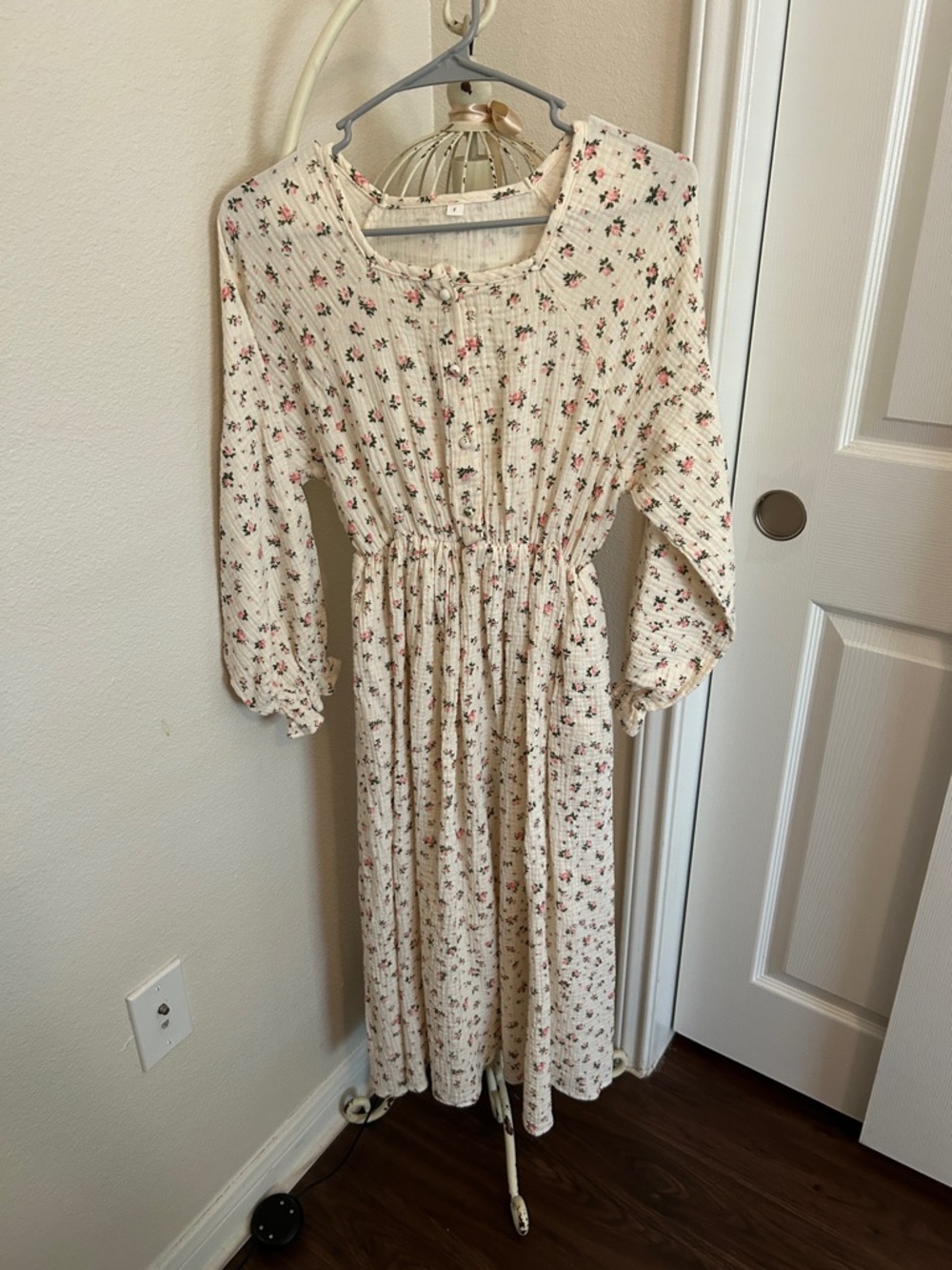 Cream Floral Button-Front Midi Dress